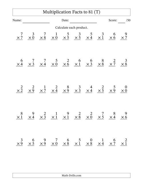 The Multiplication Facts to 81 (50 Questions) (With Zeros) (T) Math Worksheet