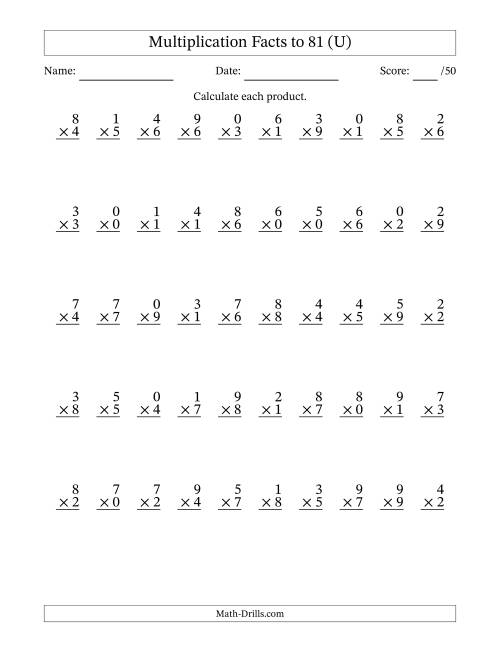 The Multiplication Facts to 81 (50 Questions) (With Zeros) (U) Math Worksheet