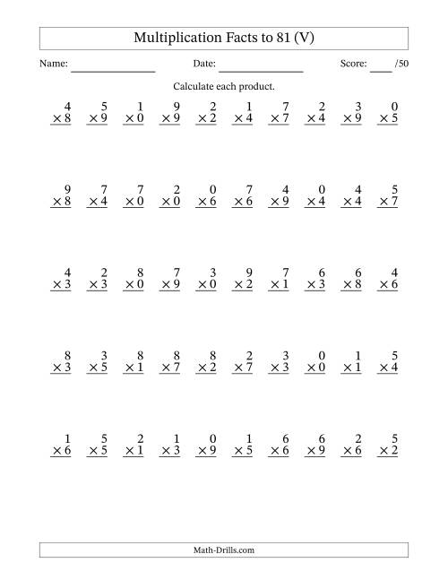 The Multiplication Facts to 81 (50 Questions) (With Zeros) (V) Math Worksheet