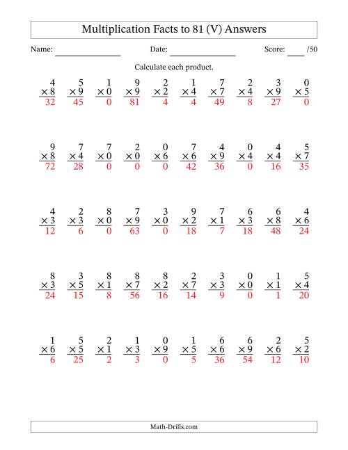 The Multiplication Facts to 81 (50 Questions) (With Zeros) (V) Math Worksheet Page 2