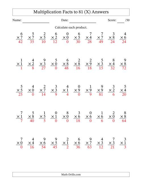 The Multiplication Facts to 81 (50 Questions) (With Zeros) (X) Math Worksheet Page 2