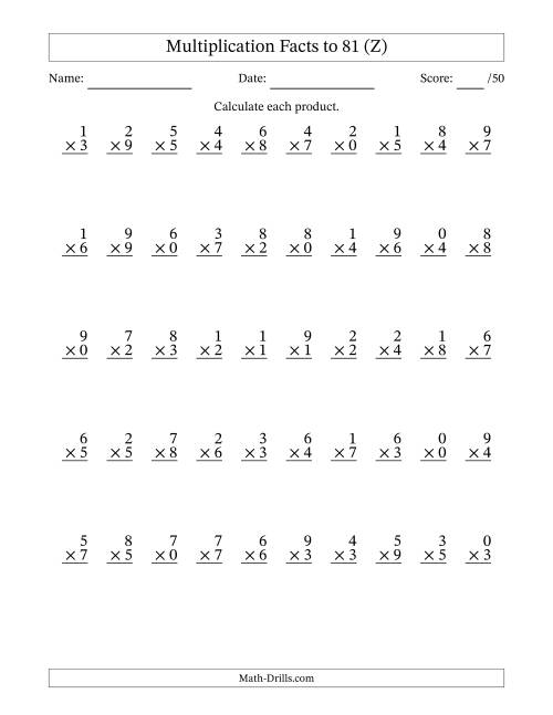 The Multiplication Facts to 81 (50 Questions) (With Zeros) (Z) Math Worksheet