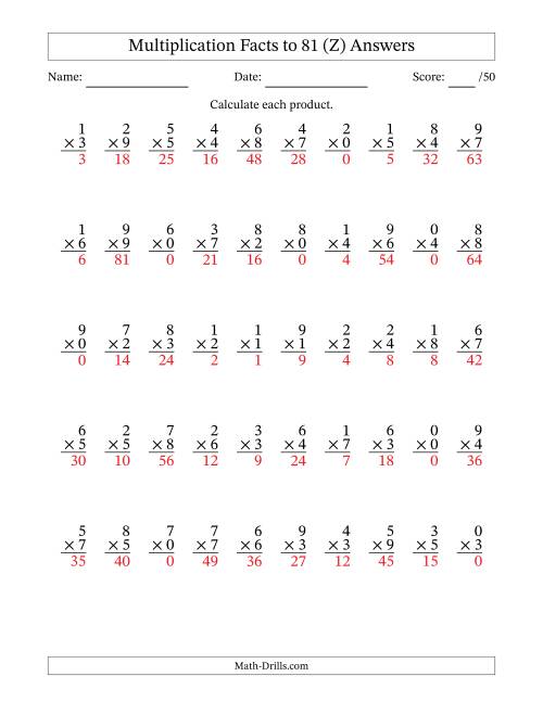 The Multiplication Facts to 81 (50 Questions) (With Zeros) (Z) Math Worksheet Page 2