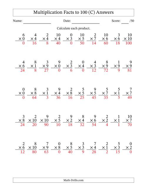 The Multiplication Facts to 100 (50 Questions) (With Zeros) (C) Math Worksheet Page 2