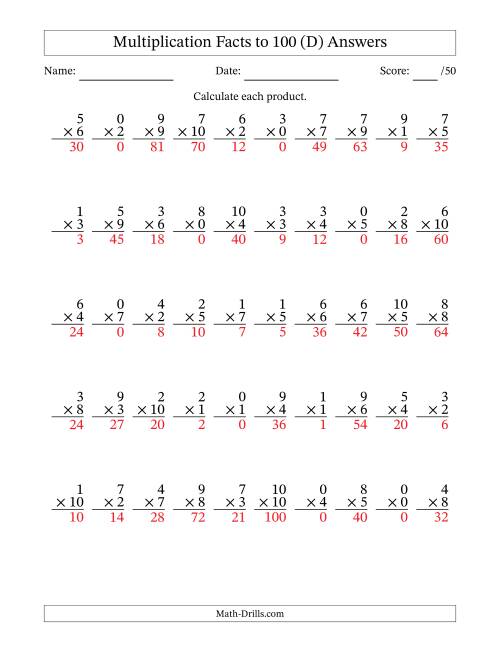 The Multiplication Facts to 100 (50 Questions) (With Zeros) (D) Math Worksheet Page 2