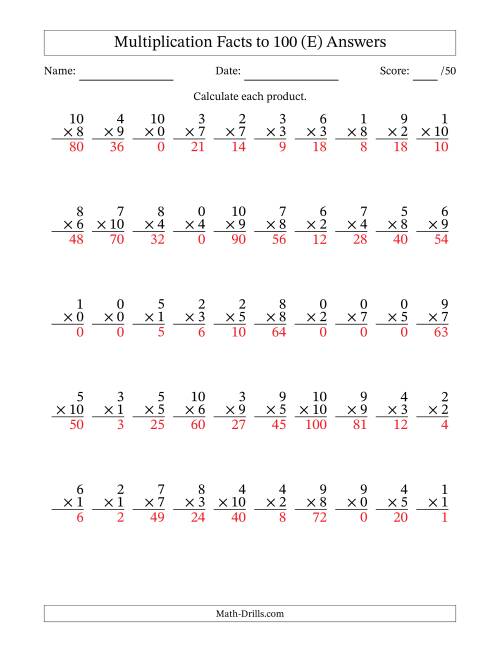 The Multiplication Facts to 100 (50 Questions) (With Zeros) (E) Math Worksheet Page 2
