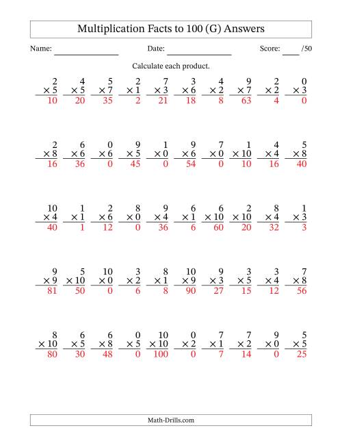 The Multiplication Facts to 100 (50 Questions) (With Zeros) (G) Math Worksheet Page 2