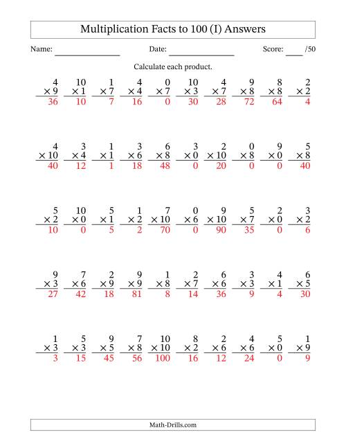The Multiplication Facts to 100 (50 Questions) (With Zeros) (I) Math Worksheet Page 2