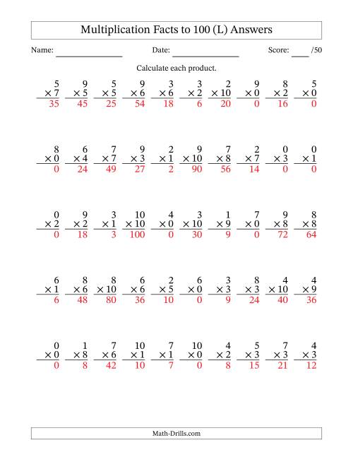 The Multiplication Facts to 100 (50 Questions) (With Zeros) (L) Math Worksheet Page 2
