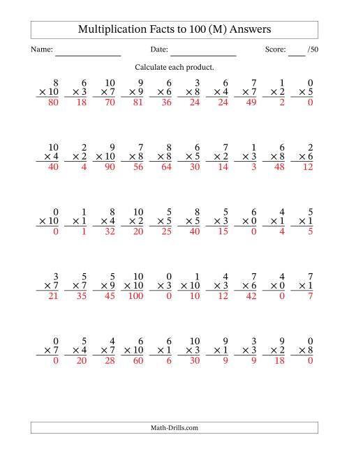The Multiplication Facts to 100 (50 Questions) (With Zeros) (M) Math Worksheet Page 2
