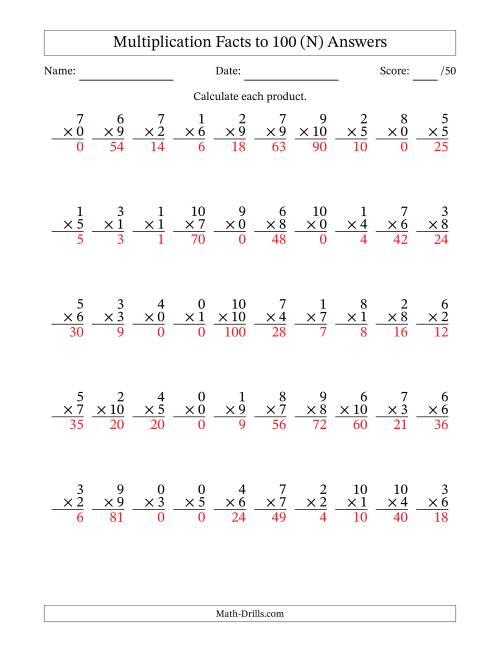The Multiplication Facts to 100 (50 Questions) (With Zeros) (N) Math Worksheet Page 2