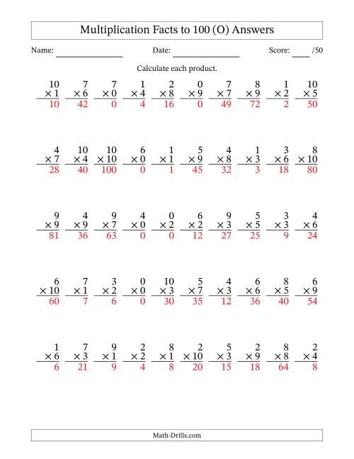 The Multiplication Facts to 100 (50 Questions) (With Zeros) (O) Math Worksheet Page 2