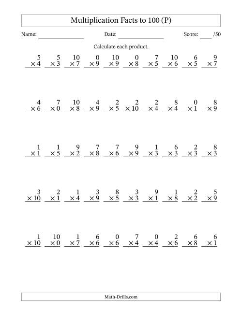 The Multiplication Facts to 100 (50 Questions) (With Zeros) (P) Math Worksheet