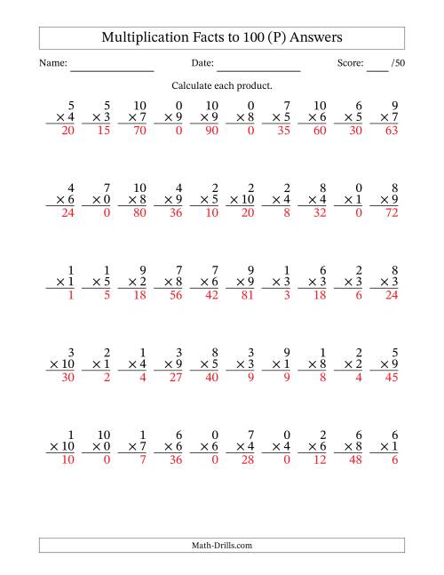 The Multiplication Facts to 100 (50 Questions) (With Zeros) (P) Math Worksheet Page 2