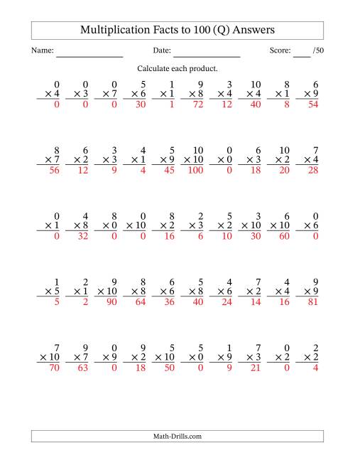 The Multiplication Facts to 100 (50 Questions) (With Zeros) (Q) Math Worksheet Page 2