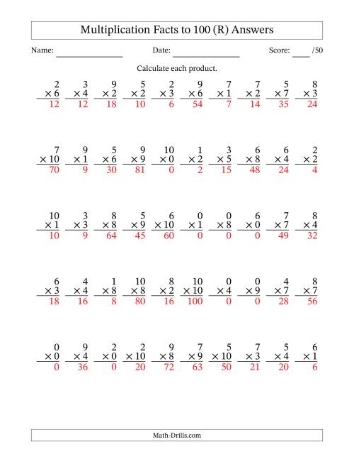 The Multiplication Facts to 100 (50 Questions) (With Zeros) (R) Math Worksheet Page 2