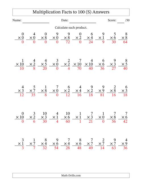 The Multiplication Facts to 100 (50 Questions) (With Zeros) (S) Math Worksheet Page 2