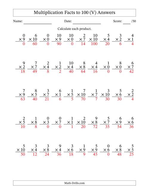 The Multiplication Facts to 100 (50 Questions) (With Zeros) (V) Math Worksheet Page 2