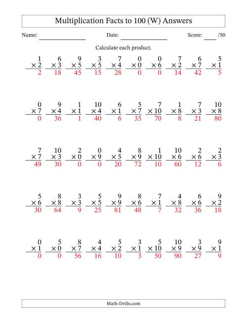 The Multiplication Facts to 100 (50 Questions) (With Zeros) (W) Math Worksheet Page 2