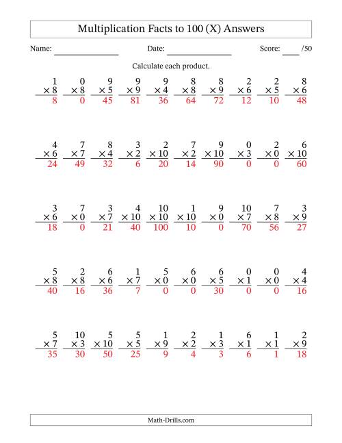 The Multiplication Facts to 100 (50 Questions) (With Zeros) (X) Math Worksheet Page 2