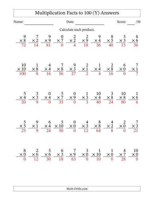 The Multiplication Facts to 100 (50 Questions) (With Zeros) (Y) Math Worksheet Page 2