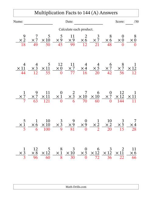 The Multiplication Facts to 144 (50 Questions) (With Zeros) (A) Math Worksheet Page 2