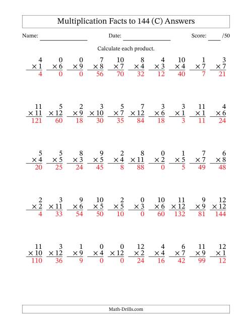 The Multiplication Facts to 144 (50 Questions) (With Zeros) (C) Math Worksheet Page 2