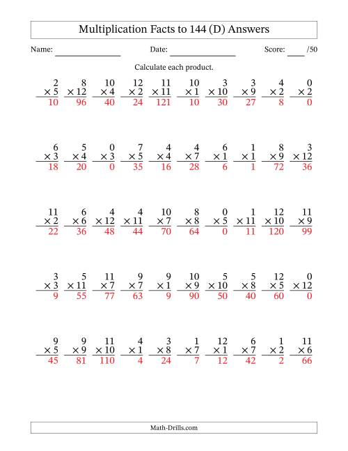 The Multiplication Facts to 144 (50 Questions) (With Zeros) (D) Math Worksheet Page 2