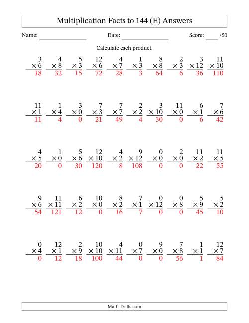 The Multiplication Facts to 144 (50 Questions) (With Zeros) (E) Math Worksheet Page 2