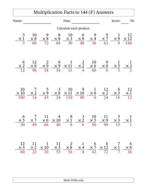 The Multiplication Facts to 144 (50 Questions) (With Zeros) (F) Math Worksheet Page 2