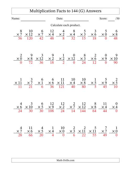 The Multiplication Facts to 144 (50 Questions) (With Zeros) (G) Math Worksheet Page 2