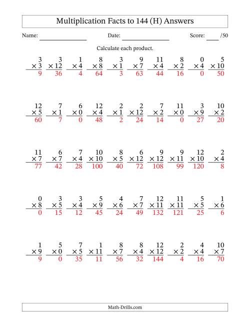 The Multiplication Facts to 144 (50 Questions) (With Zeros) (H) Math Worksheet Page 2