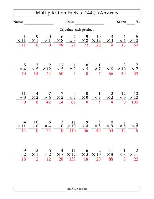 The Multiplication Facts to 144 (50 Questions) (With Zeros) (I) Math Worksheet Page 2