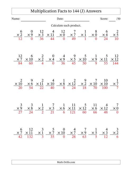 The Multiplication Facts to 144 (50 Questions) (With Zeros) (J) Math Worksheet Page 2