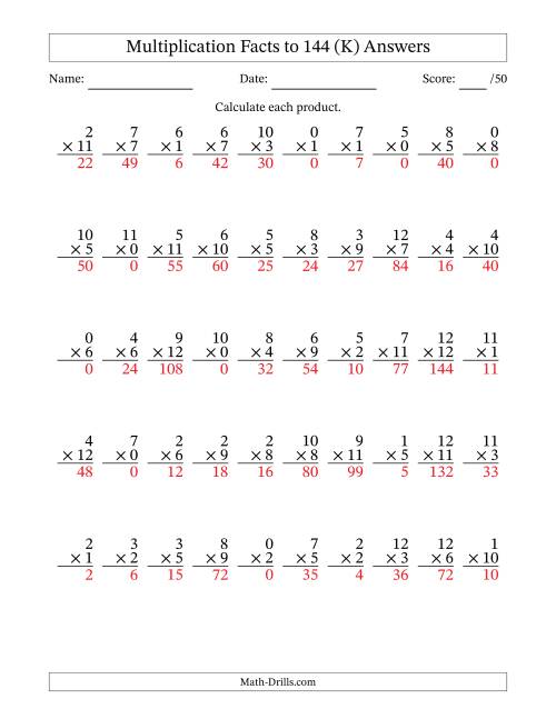 The Multiplication Facts to 144 (50 Questions) (With Zeros) (K) Math Worksheet Page 2