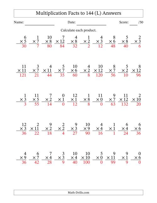 The Multiplication Facts to 144 (50 Questions) (With Zeros) (L) Math Worksheet Page 2