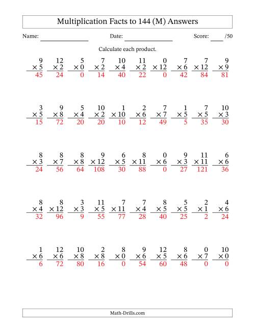 The Multiplication Facts to 144 (50 Questions) (With Zeros) (M) Math Worksheet Page 2