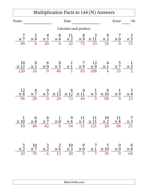 The Multiplication Facts to 144 (50 Questions) (With Zeros) (N) Math Worksheet Page 2