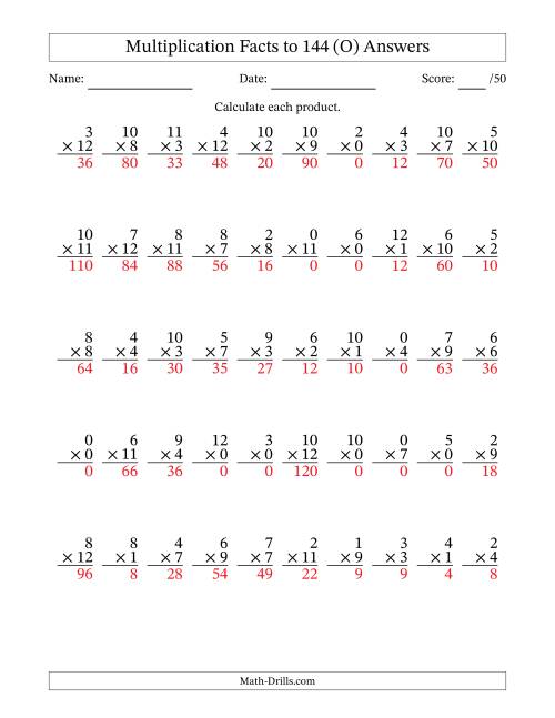 The Multiplication Facts to 144 (50 Questions) (With Zeros) (O) Math Worksheet Page 2