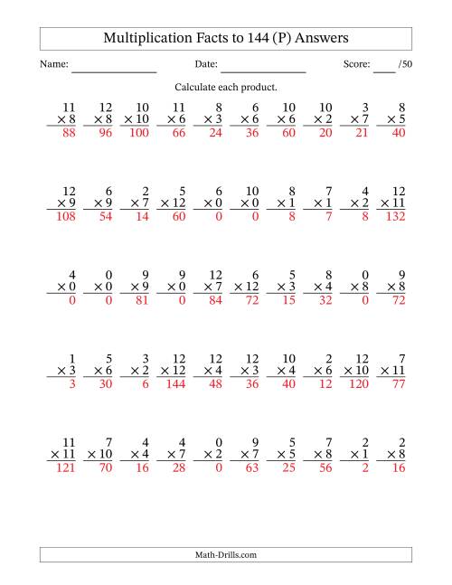 The Multiplication Facts to 144 (50 Questions) (With Zeros) (P) Math Worksheet Page 2
