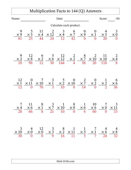 The Multiplication Facts to 144 (50 Questions) (With Zeros) (Q) Math Worksheet Page 2