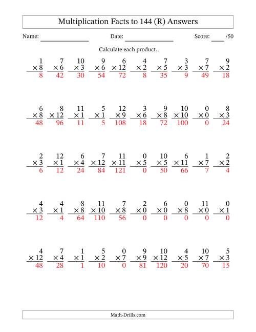 The Multiplication Facts to 144 (50 Questions) (With Zeros) (R) Math Worksheet Page 2