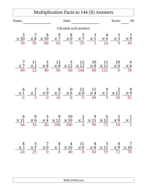 The Multiplication Facts to 144 (50 Questions) (With Zeros) (S) Math Worksheet Page 2