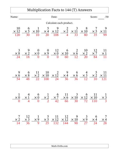The Multiplication Facts to 144 (50 Questions) (With Zeros) (T) Math Worksheet Page 2