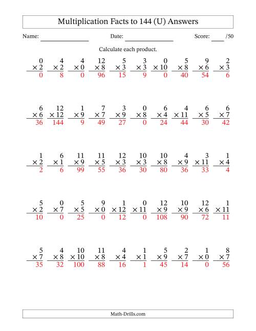 The Multiplication Facts to 144 (50 Questions) (With Zeros) (U) Math Worksheet Page 2