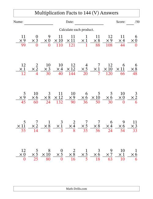 The Multiplication Facts to 144 (50 Questions) (With Zeros) (V) Math Worksheet Page 2