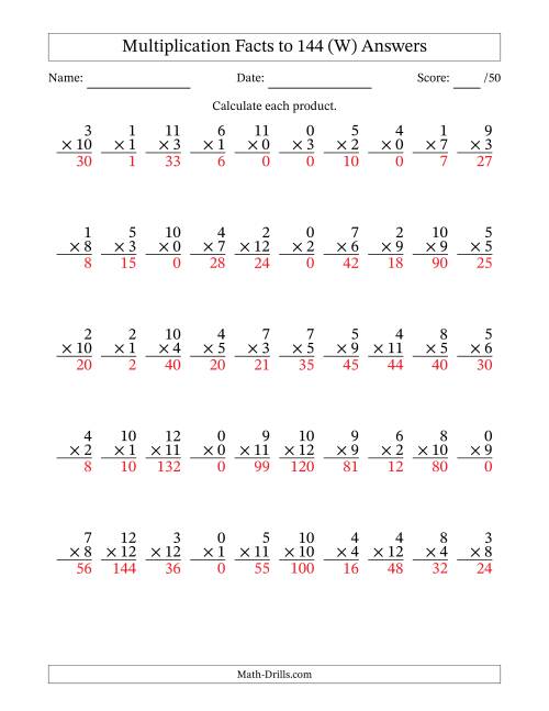 The Multiplication Facts to 144 (50 Questions) (With Zeros) (W) Math Worksheet Page 2