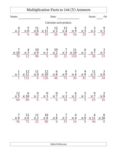 The Multiplication Facts to 144 (50 Questions) (With Zeros) (Y) Math Worksheet Page 2