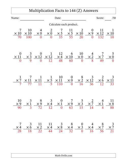 The Multiplication Facts to 144 (50 Questions) (With Zeros) (Z) Math Worksheet Page 2