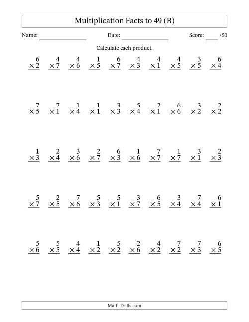The Multiplication Facts to 49 (50 Questions) (No Zeros) (B) Math Worksheet